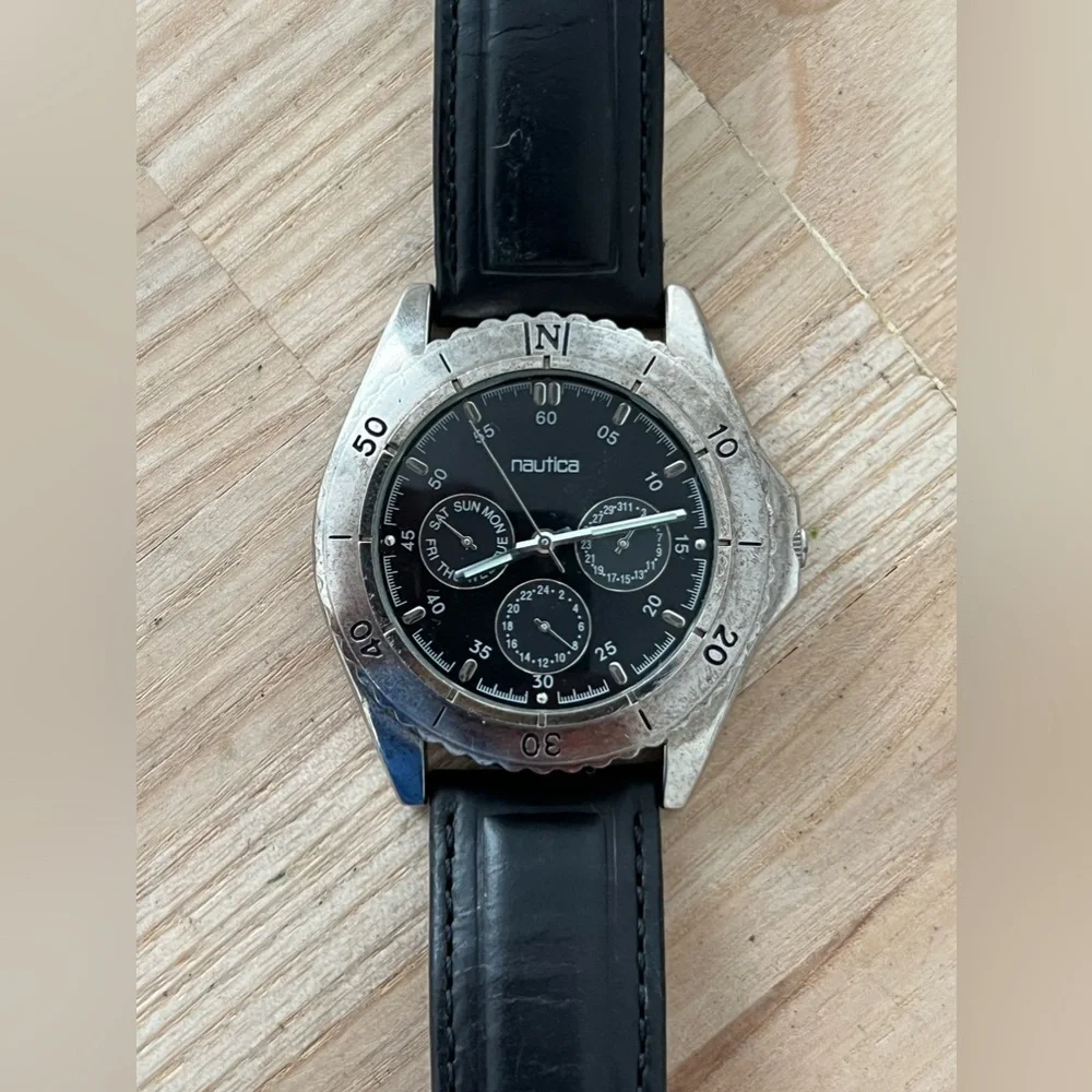 Nautica Vintage Chronograph Style Men’s Watch Black Dial Black Leather Strap